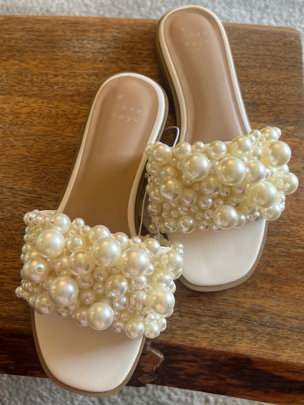 Ivory Pearl Slide Sandals - Decorative Bead Upper